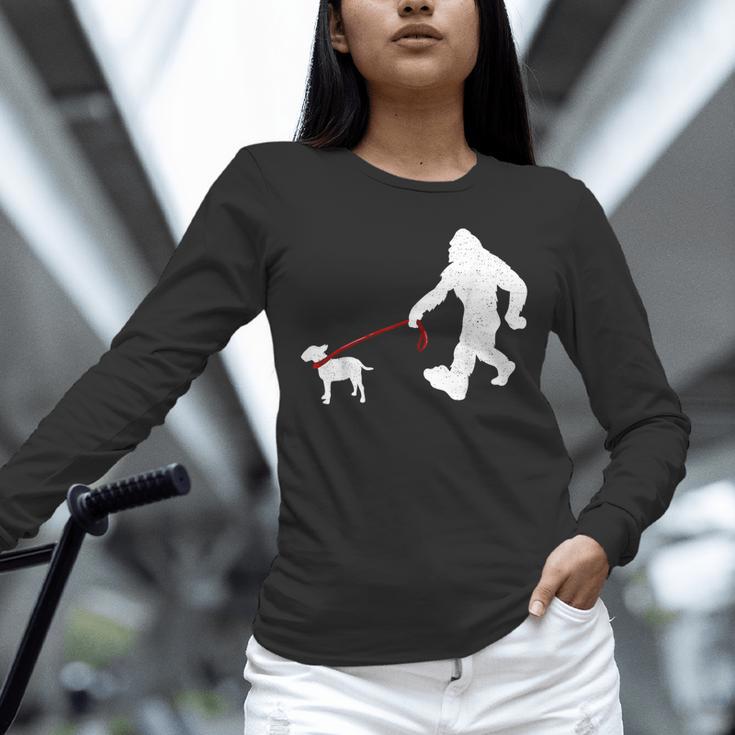 Bigfoot Walking With Bull Terrier Dog Unisex Long Sleeve T-Shirt, novelty gifts, funny gifts