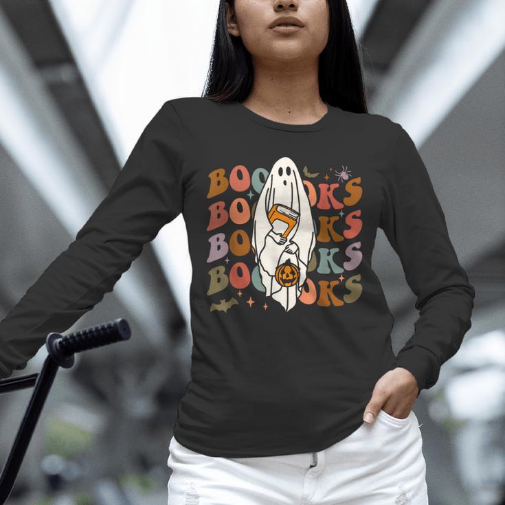 Booooks Ghost Halloween Groovy Vintage Teacher Book Reading Unisex Long Sleeve T-Shirt, novelty gifts, funny gifts
