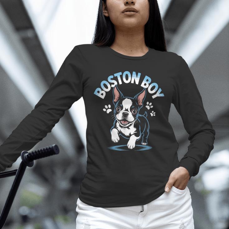 Boston Terrier Boy Cute Cartoon Dog Owner Pet Boston Terrier Unisex Long Sleeve T-Shirt, novelty gifts, funny gifts