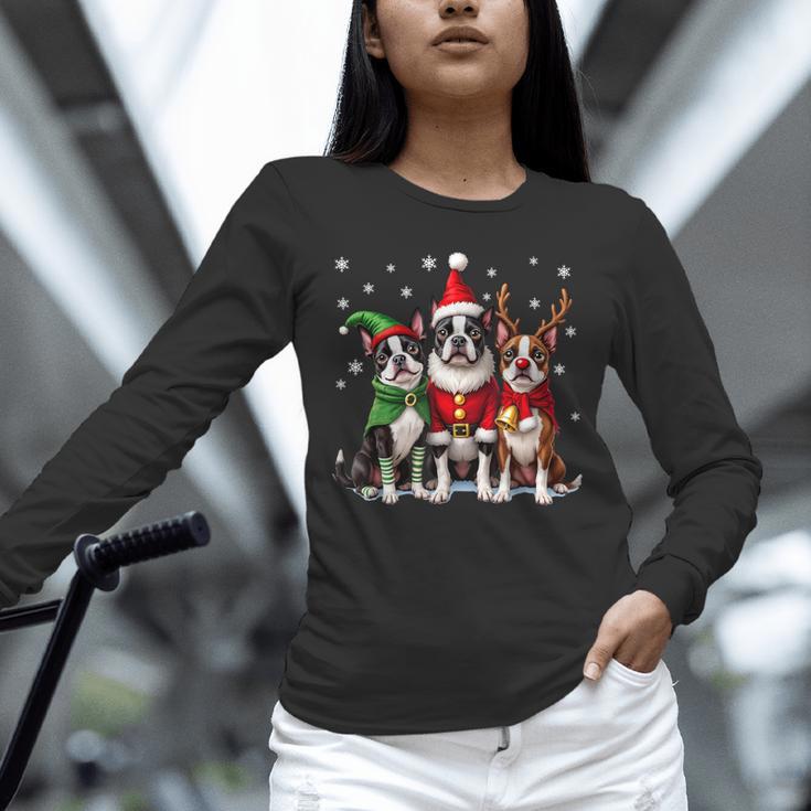 Boston Terrier Christmas Dogs Santa Reindeer Elf Unisex Long Sleeve T-Shirt, novelty gifts, funny gifts