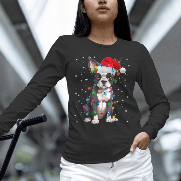 Boston Terrier Christmas Santa Hat Tree Lights Pajama Unisex Long Sleeve T-Shirt, novelty gifts, funny gifts