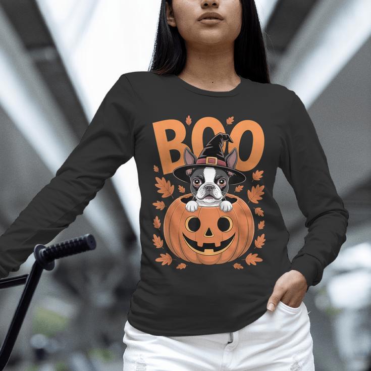 Boston Terrier Costume On Pumpkin Halloween Boston Terrier Unisex Long Sleeve T-Shirt, novelty gifts, funny gifts