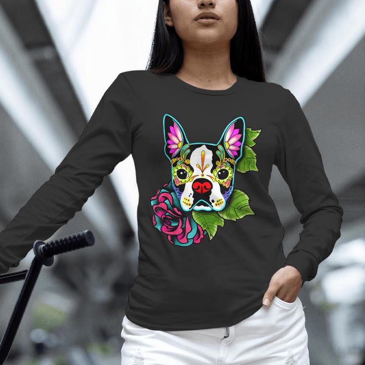 Boston Terrier In Day Of The Dead Sugar Skull Dog Unisex Long Sleeve T-Shirt, novelty gifts, funny gifts