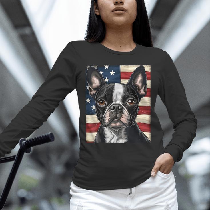 Boston Terrier Dog American Flag 4th Of July Patriotic Puppy Unisex Long Sleeve T-Shirt, novelty gifts, funny gifts