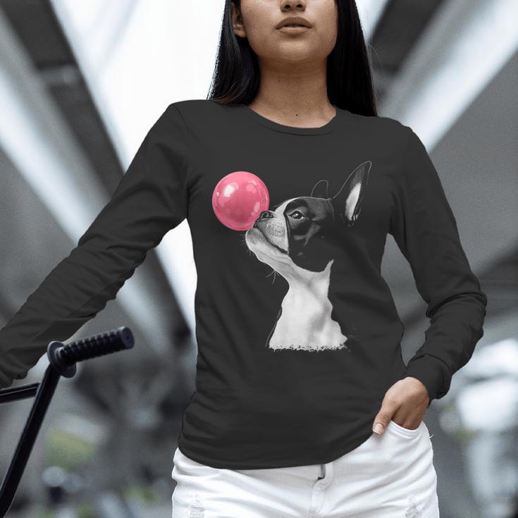 Boston Terrier Dog Blowing Chewing Bubble Gum Pink Unisex Long Sleeve T-Shirt, novelty gifts, funny gifts