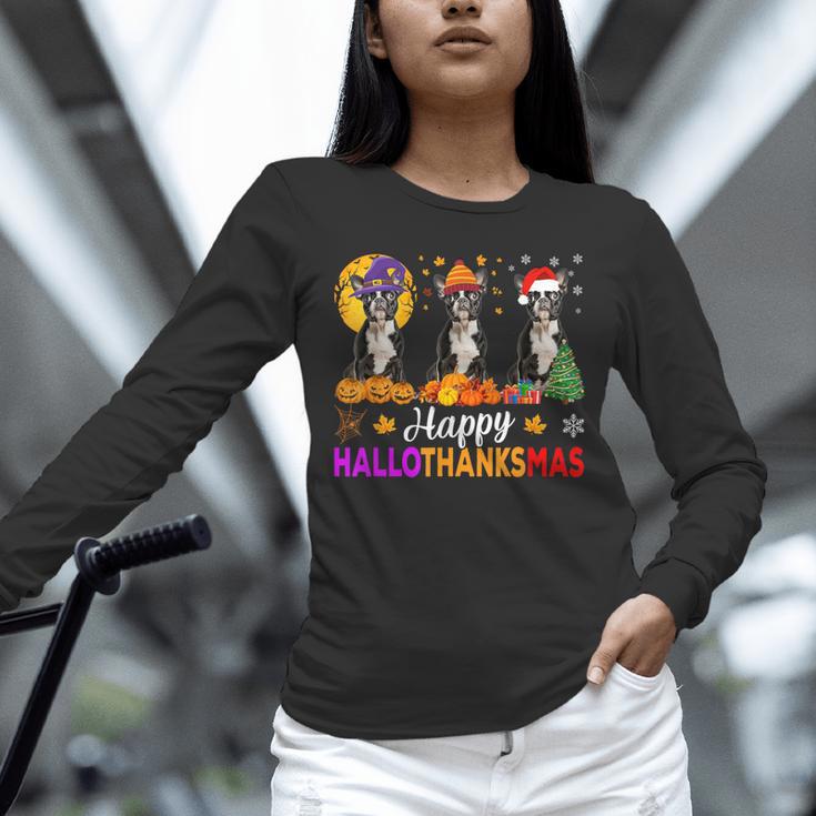 Boston Terrier Dog Halloween Christmas Hallothanksmas Men Women Kids Unisex Long Sleeve T-Shirt, novelty gifts, funny gifts