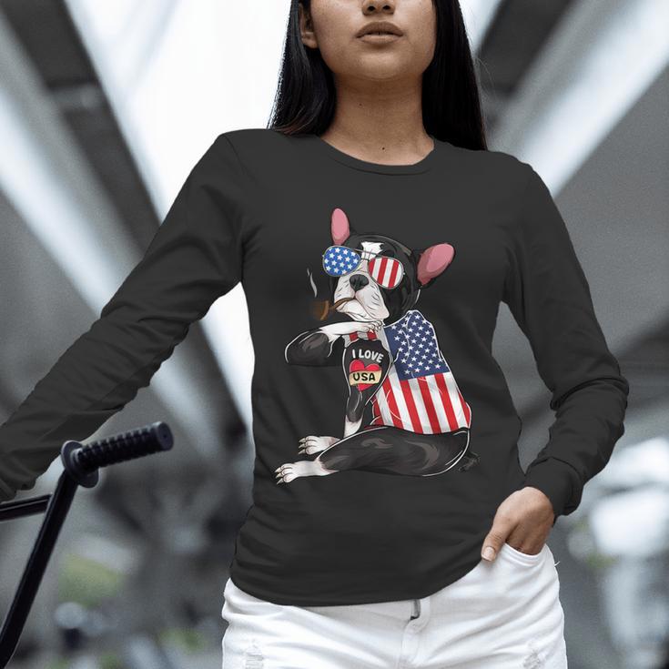 Boston Terrier Dog Merica 4th Of July Usa American Flag Men Unisex Long Sleeve T-Shirt, novelty gifts, funny gifts