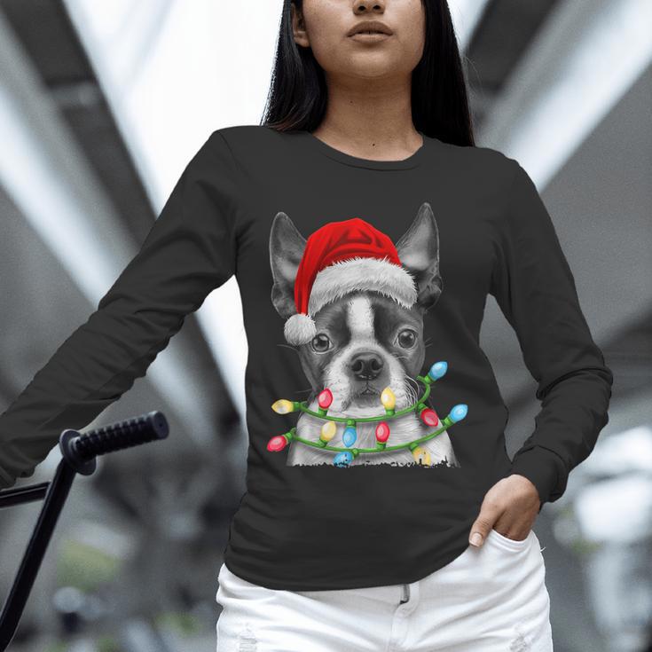 Boston Terrier Dog Santa Christmas Tree Lights Xmas Unisex Long Sleeve T-Shirt, novelty gifts, funny gifts