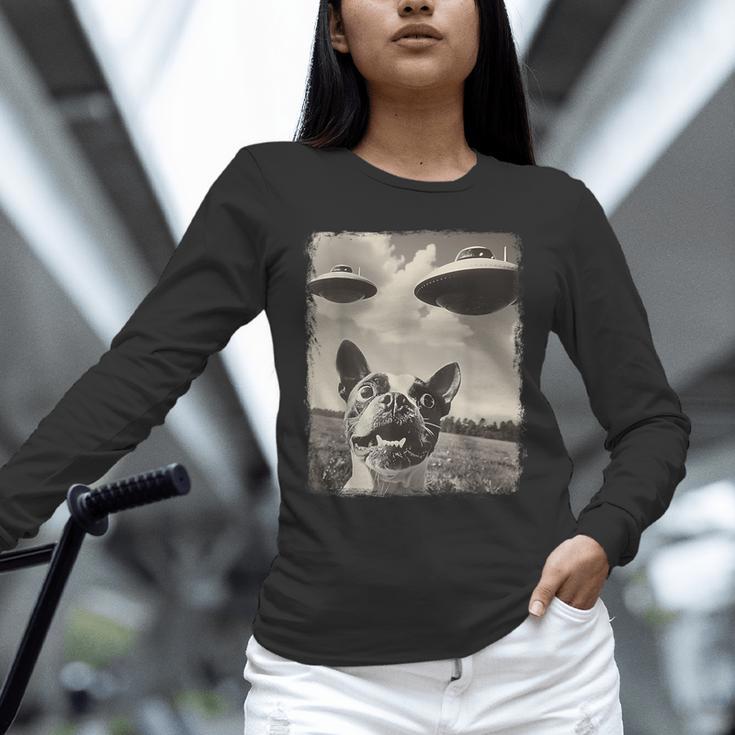 Boston Terrier Dog UFO Alien Extraterrestrial Selfie Unisex Long Sleeve T-Shirt, novelty gifts, funny gifts
