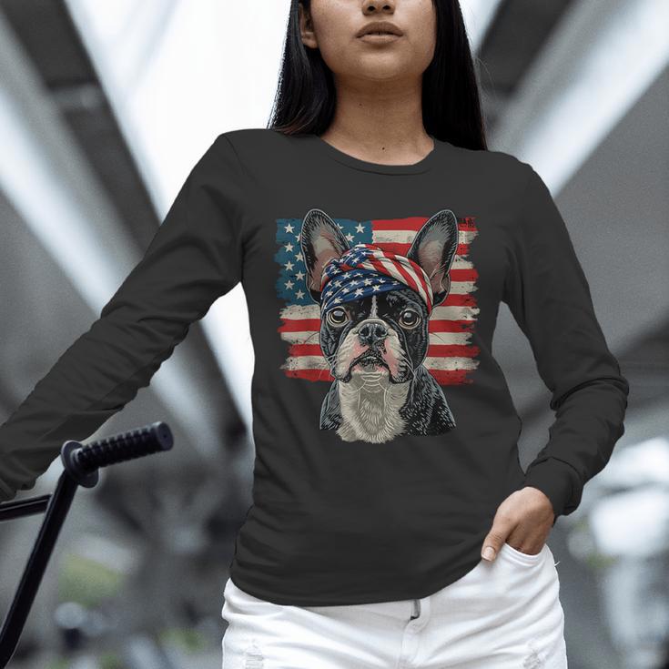 Boston Terrier Patriotic 4th Of July USA American Flag Unisex Long Sleeve T-Shirt, novelty gifts, funny gifts
