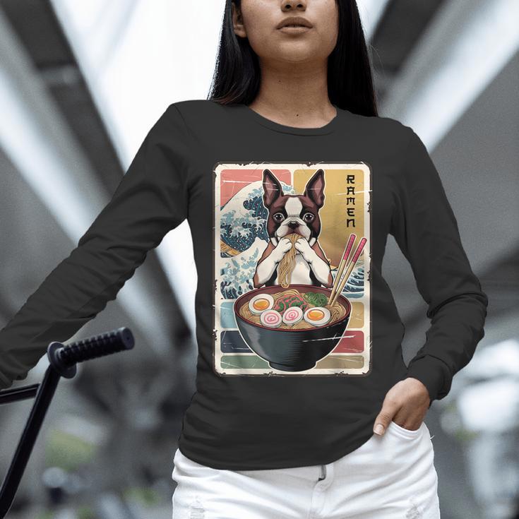 Boston Terrier Ramen Noodles Japanese Art Retro Ocean Waves Unisex Long Sleeve T-Shirt, novelty gifts, funny gifts