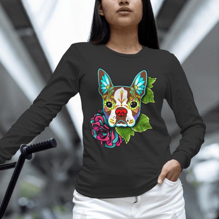 Boston Terrier In Red Day Of The Dead Sugar Skull Dog Unisex Long Sleeve T-Shirt, novelty gifts, funny gifts