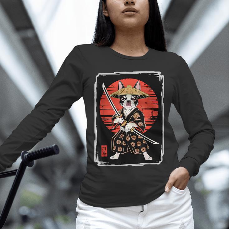 Boston Terrier Samurai Ninja Vintage Anime Japanese Ukiyo-e Unisex Long Sleeve T-Shirt, novelty gifts, funny gifts
