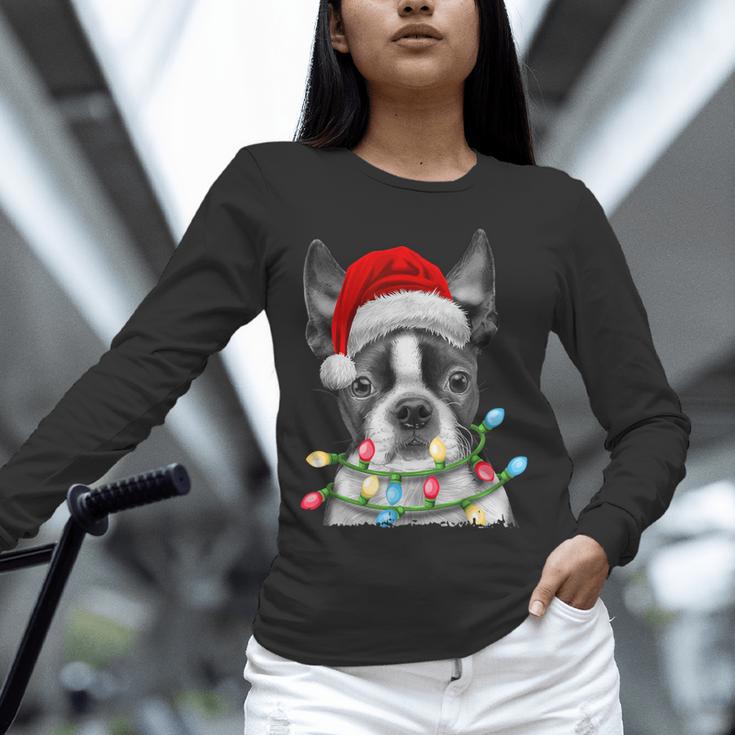 Boston Terrier Santa Christmas Tree Lights Xmas Boys Men Dog Unisex Long Sleeve T-Shirt, novelty gifts, funny gifts