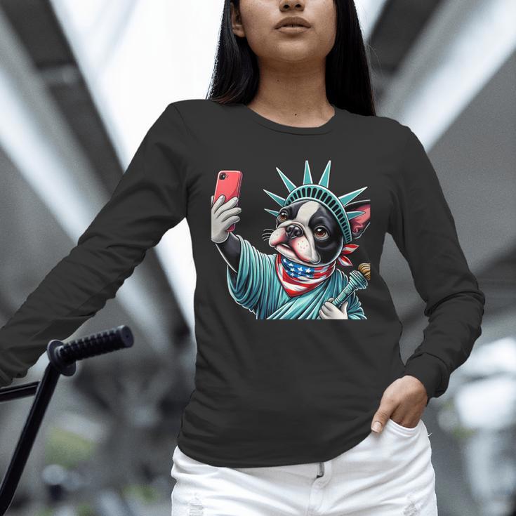 Boston Terrier Selfie Statue Of Liberty 4th Of July American Unisex Long Sleeve T-Shirt, novelty gifts, funny gifts