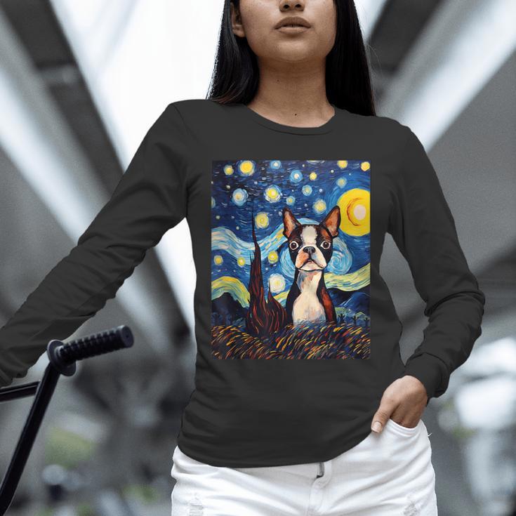 Boston Terrier Starry Night Van Gogh Art Unisex Long Sleeve T-Shirt, novelty gifts, funny gifts
