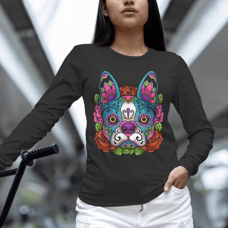 Boston Terrier Sugar Skull Dog Day Of The Dead Unisex Long Sleeve T-Shirt, novelty gifts, funny gifts