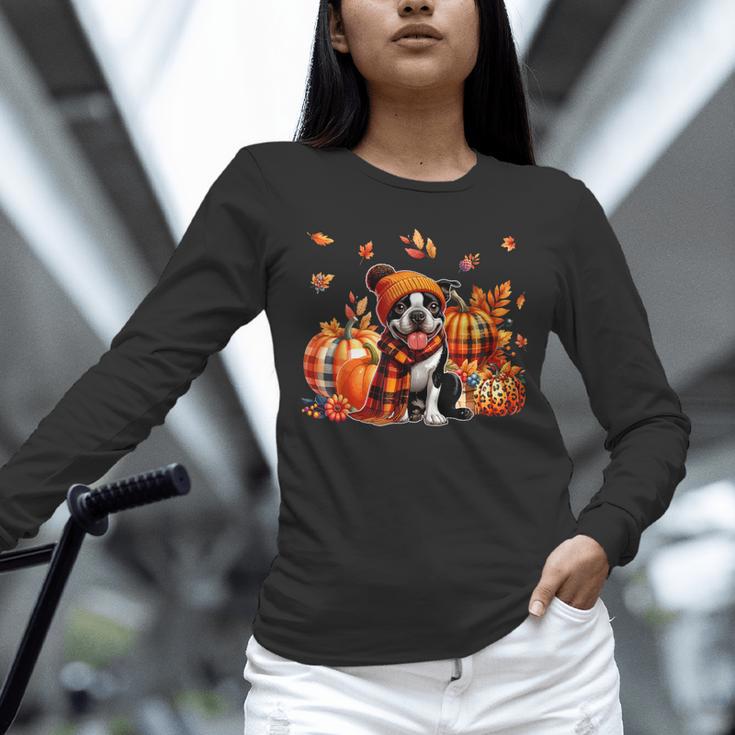 Boston Terrier Thanksgiving Leopard Pumpkins Fall Leaves Unisex Long Sleeve T-Shirt, novelty gifts, funny gifts