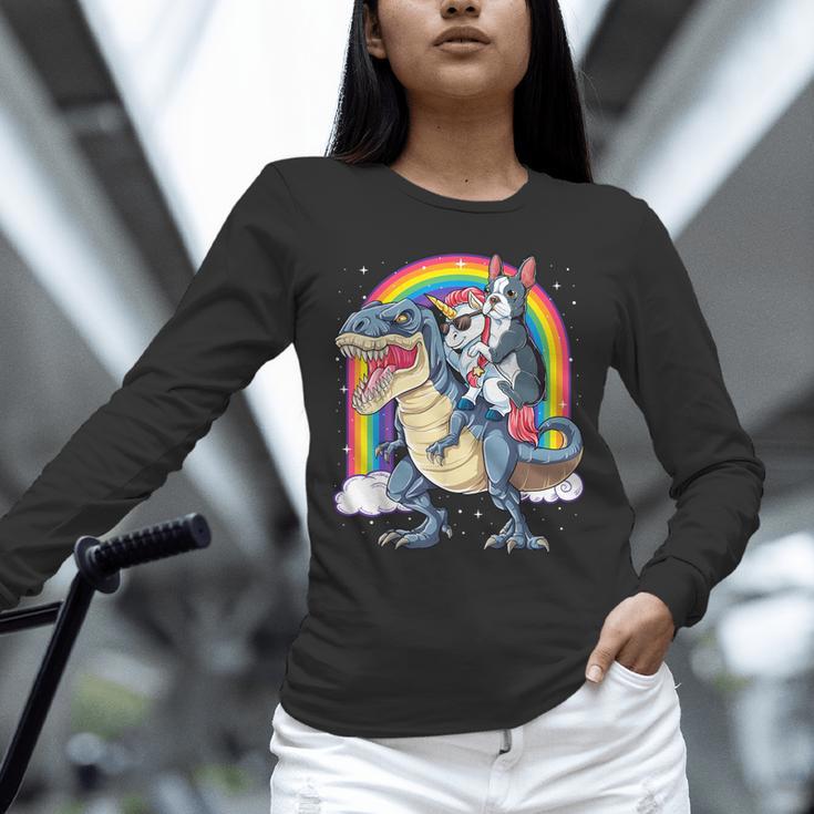 Boston Terrier Unicorn Riding Dinosaur T-Rex Girls Rainbow Unisex Long Sleeve T-Shirt, novelty gifts, funny gifts