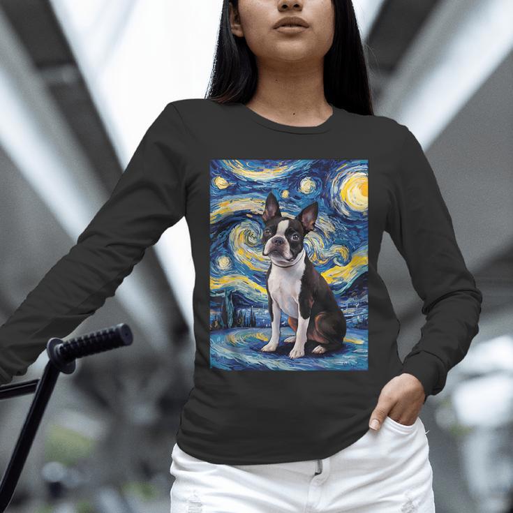 Boston Terrier Van Gogh Starry Night Unisex Long Sleeve T-Shirt, novelty gifts, funny gifts