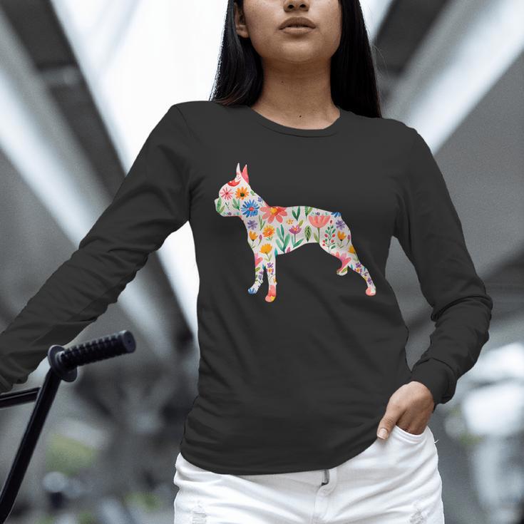 Boston Terrier Watercolor Flowers Unisex Long Sleeve T-Shirt, novelty gifts, funny gifts