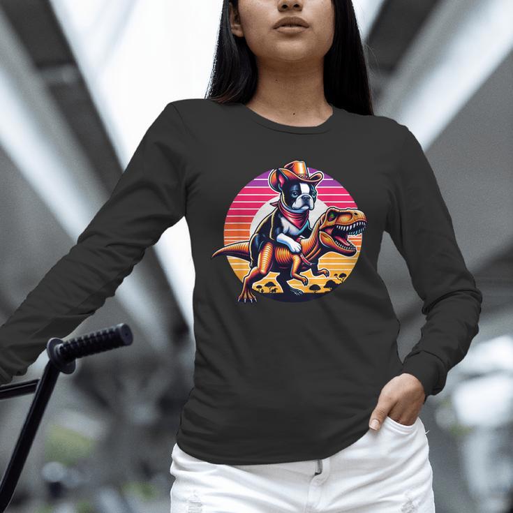 Boston Terrier Wearing A Cowboy Hat On T-Rex Unisex Long Sleeve T-Shirt, novelty gifts, funny gifts