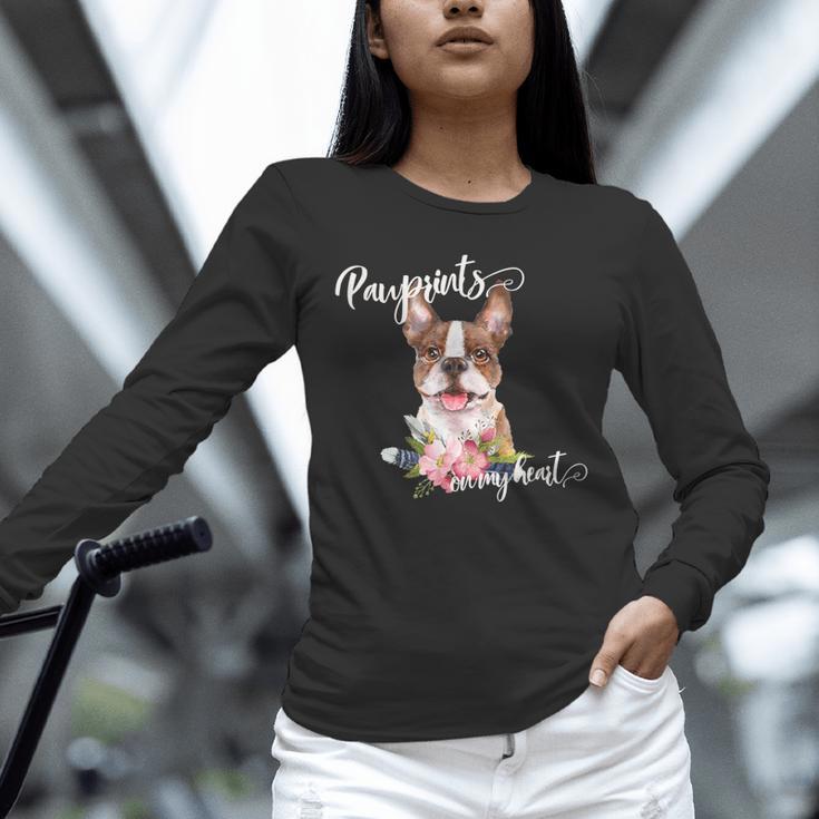 Brown Boston Terrier With Flowers And Feathers Unisex Long Sleeve T-Shirt, novelty gifts, funny gifts