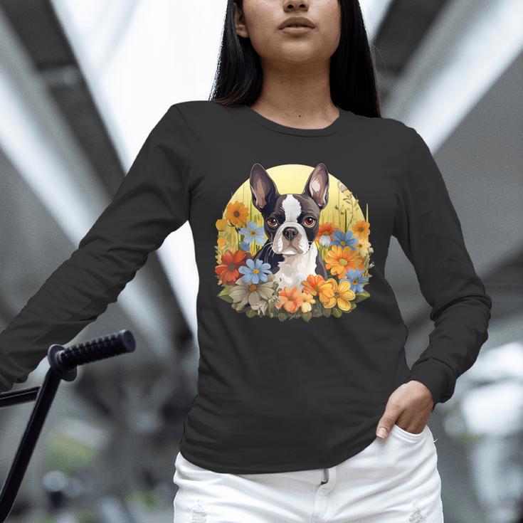Cute Boston Terrier Spring Flower Garden Colorful Puppy Dog Unisex Long Sleeve T-Shirt, novelty gifts, funny gifts