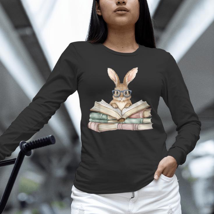 Cute Reading Bunny Glasses Books Bookworm Reader Teacher Unisex Long Sleeve T-Shirt, novelty gifts, funny gifts