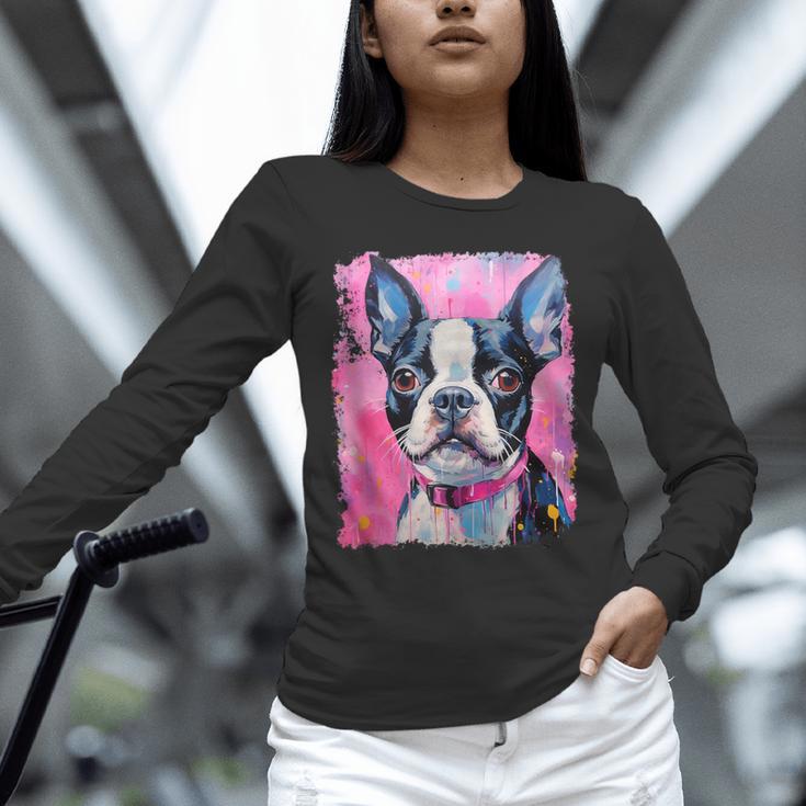 Dog Pink Boston Terrier Unisex Long Sleeve T-Shirt, novelty gifts, funny gifts