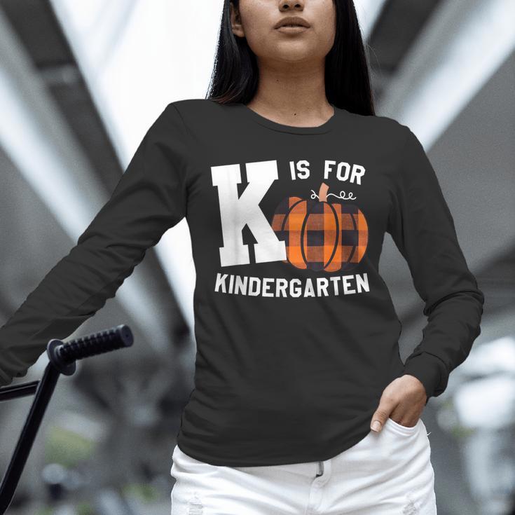 Fall Kindergarten Teacher K Is For Buffalo Plaid Pumpkin Unisex Long Sleeve T-Shirt, novelty gifts, funny gifts
