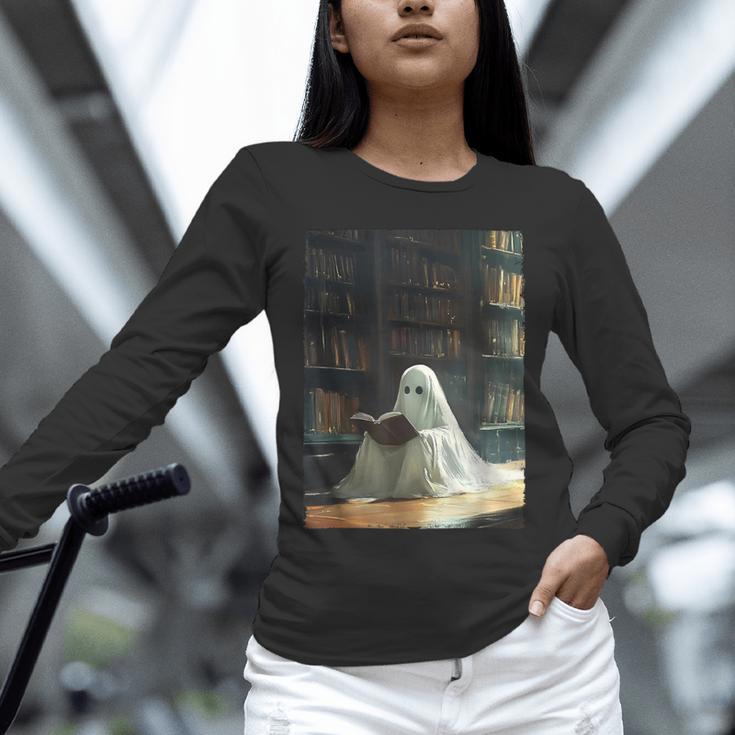 Ghost Library Halloween Book Reading Books Lover Teacher Unisex Long Sleeve T-Shirt, novelty gifts, funny gifts