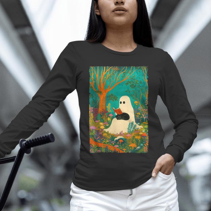 Groovy Ghost Reading Book Cat Halloween Ghost Teacher Unisex Long Sleeve T-Shirt, novelty gifts, funny gifts