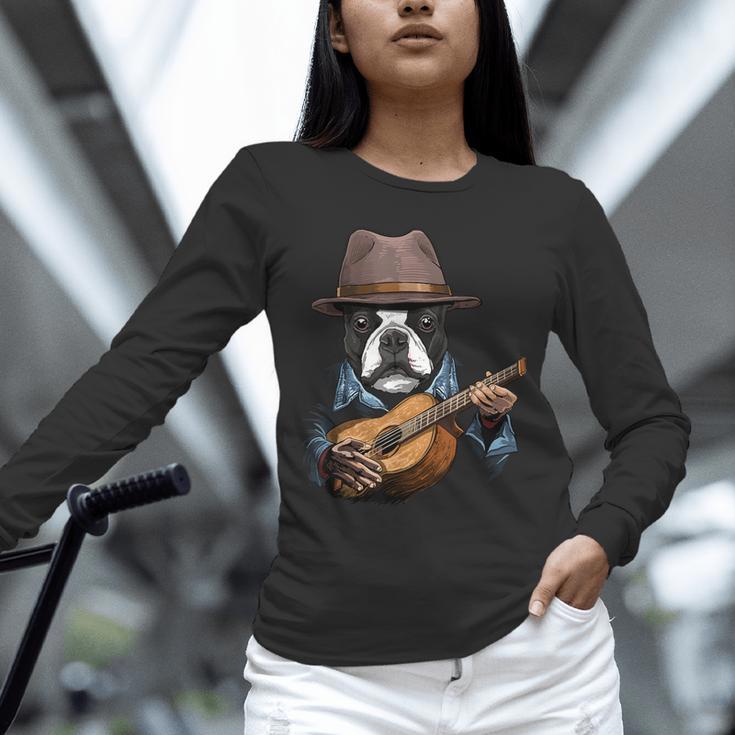 Guitar Shirt Boston Terrier Dog Playing Acoustic Guitar Unisex Long Sleeve T-Shirt, novelty gifts, funny gifts