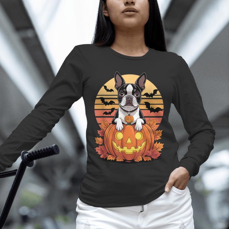 Halloween Retro Boston Terrier Unisex Long Sleeve T-Shirt, novelty gifts, funny gifts
