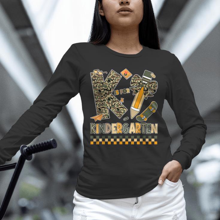 K Is For Kindergarten Teacher Coquette Bow Camo Unisex Long Sleeve T-Shirt, novelty gifts, funny gifts K Is For Kindergarten Teacher Coquette Bow Camo Unisex Long Sleeve T-Shirt, novelty gifts, funny gifts