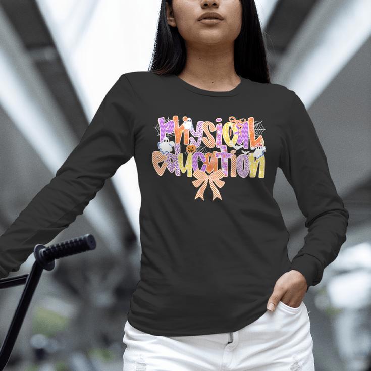 Physical Education Halloween Bow Checkered Teacher Ghost PE Unisex Long Sleeve T-Shirt, novelty gifts, funny gifts