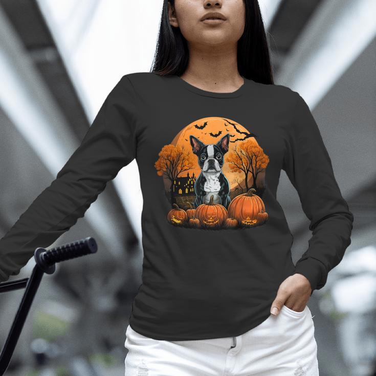 Pumpkin Boston Terrier Costume On Boston Terrier Halloween Unisex Long Sleeve T-Shirt, novelty gifts, funny gifts