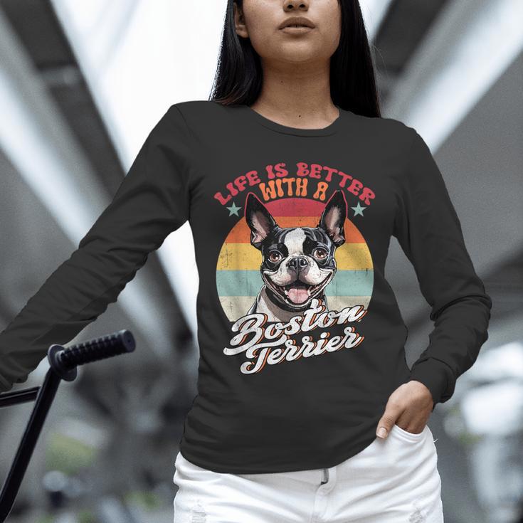 Retro Life Is Better With Boston Terrier Mom Dog Lover Unisex Long Sleeve T-Shirt, novelty gifts, funny gifts