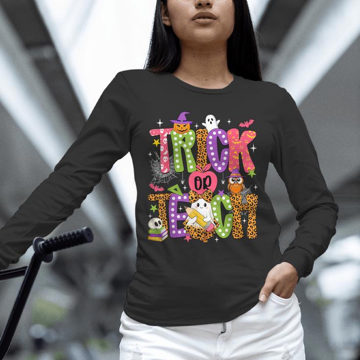 Retro Trick Or Teach Leopard Ghost Halloween Spooky Teacher Unisex Long Sleeve T-Shirt, novelty gifts, funny gifts