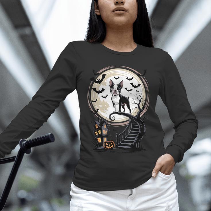 Spooky Halloween Moon Boston Terrier Boston Bull Bostie Unisex Long Sleeve T-Shirt, novelty gifts, funny gifts