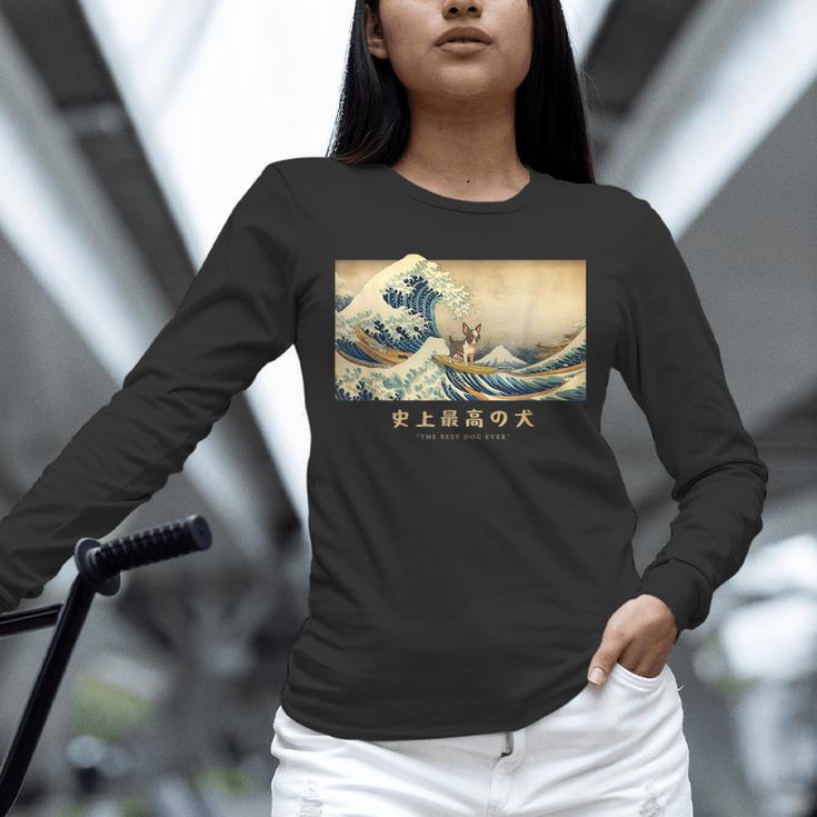 Surfing Boston Terrier Kanagawa Wave Japanese Dog For Men Women Kids Unisex Long Sleeve T-Shirt, novelty gifts, funny gifts