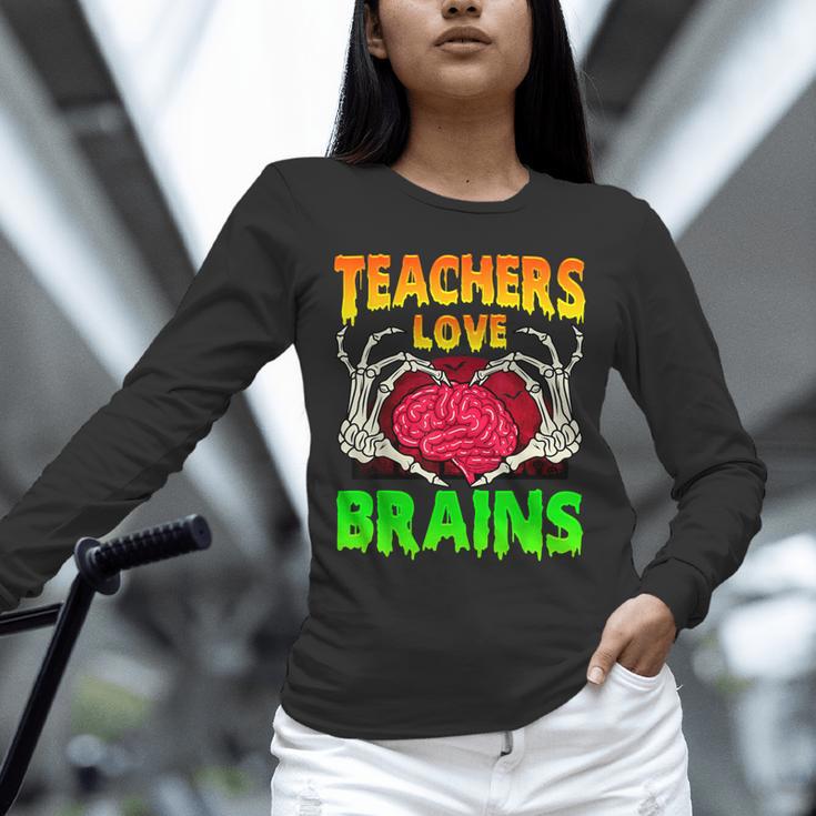 Teacher Teachers Love Brains Skeleton Hand Heart Halloween Unisex Long Sleeve T-Shirt, novelty gifts, funny gifts