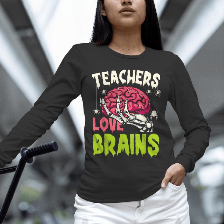 Teachers Love Brains Skeleton Halloween Teacher Funny Unisex Long Sleeve T-Shirt, novelty gifts, funny gifts