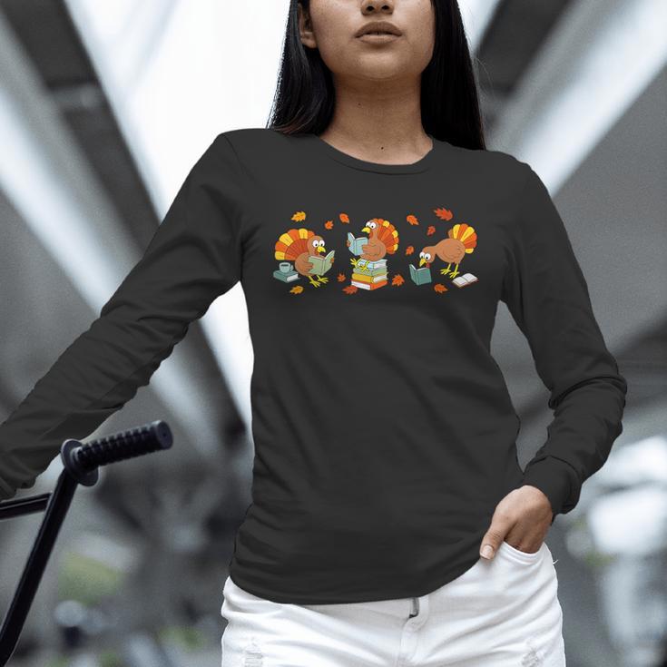 Turkey Reading Books Fall Thanksgiving Teacher Book Lovers Unisex Long Sleeve T-Shirt, novelty gifts, funny gifts