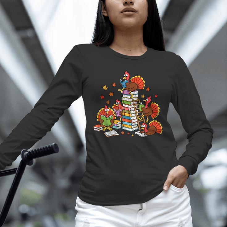 Turkey Reading Books Fall Thanksgiving Teacher Librarian Unisex Long Sleeve T-Shirt, novelty gifts, funny gifts