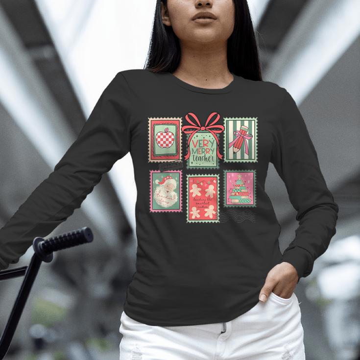 Vintage Preppy Very Merry Teacher Santa Stamps Christmas Unisex Long Sleeve T-Shirt, novelty gifts, funny gifts
