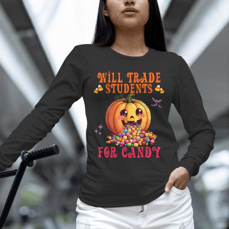 Will Trade Students For Candy Teacher Cute Halloween Pumpkin Unisex Long Sleeve T-Shirt, novelty gifts, funny gifts