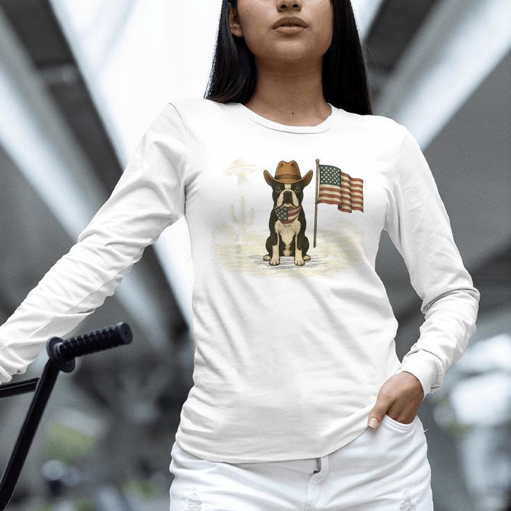 Boston Terrier 4th Of July US American Flag Dog Patriotic Unisex Long Sleeve T-Shirt, novelty gifts, funny gifts