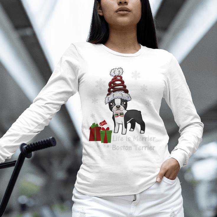 Boston Terrier Christmas T Shirt-Life Is Merrier Premium Tri-Blend Unisex Long Sleeve T-Shirt, novelty gifts, funny gifts